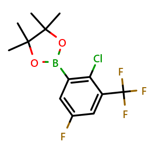 Chemical structure of 2-(2-chloro-5-fluoro-3-(trifluoromethyl)phenyl)-4,4,5,5-tetramethyl-1,3,2-dioxaborolane , CAS 2121515-04-4, AChemBlock N27611