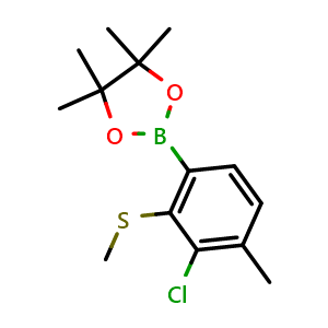 Chemical structure of 2-(3-chloro-4-methyl-2-(methylthio)phenyl)-4,4,5,5-tetramethyl-1,3,2-dioxaborolane , CAS 2121512-63-6, AChemBlock N27650