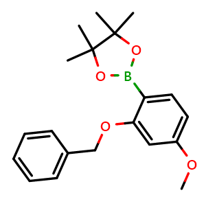 Chemical structure of 2-(2-(benzyloxy)-4-methoxyphenyl)-4,4,5,5-tetramethyl-1,3,2-dioxaborolane , CAS 2121511-63-3, AChemBlock N27694