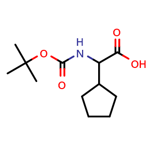 Chemical structure of 2-((tert-butoxycarbonyl)amino)-2-cyclopentylacetic acid , CAS 35264-06-3, AChemBlock O28038