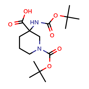 Chemical structure of 1-Boc-3-Boc-amino-3-piperidinecarboxylic acid , CAS 368866-18-6, AChemBlock O28129