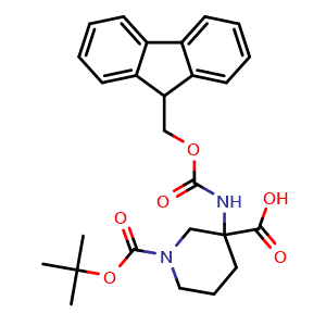 Chemical structure of 1-Boc-3-Fmoc-amino-3-piperidinecarboxylic acid , CAS 368866-21-1, AChemBlock O28260