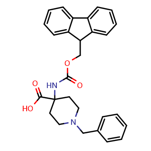 Chemical structure of 4-Fmoc-amino-1-benzyl-4-piperidinecarboxylic acid , CAS 368866-30-2, AChemBlock O28801