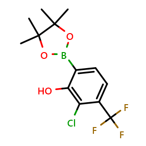 Chemical structure of 2-chloro-6-(4,4,5,5-tetramethyl-1,3,2-dioxaborolan-2-yl)-3-(trifluoromethyl)phenol , CAS 2121514-17-6, AChemBlock O29011