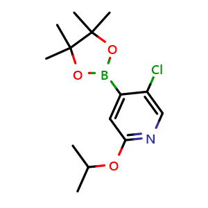 Chemical structure of 5-chloro-2-isopropoxy-4-(4,4,5,5-tetramethyl-1,3,2-dioxaborolan-2-yl)pyridine , CAS 2121513-31-1, AChemBlock O29078