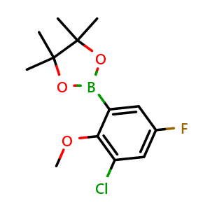 Chemical structure of 2-(3-chloro-5-fluoro-2-methoxyphenyl)-4,4,5,5-tetramethyl-1,3,2-dioxaborolane , CAS 2121514-87-0, AChemBlock O29123