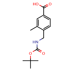 Chemical structure of 4-((tert-butoxycarbonylamino)methyl)-3-methylbenzoic acid , CAS 877858-16-7, AChemBlock O29319