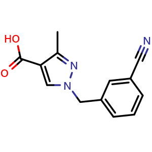 Chemical structure of 1-(3-cyanobenzyl)-3-methyl-1H-pyrazole-4-carboxylic acid , CAS 1479789-43-9, AChemBlock O29366