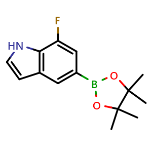 Chemical structure of 7-fluoro-5-(4,4,5,5-tetramethyl-1,3,2-dioxaborolan-2-yl)-1H-indole , CAS 837392-56-0, AChemBlock O29422
