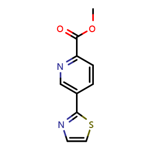 Chemical structure of methyl 5-(thiazol-2-yl)pyridine-2-carboxylate , CAS 1809268-33-4, AChemBlock O29469