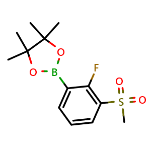 Chemical structure of 2-(2-fluoro-3-(methylsulfonyl)phenyl)-4,4,5,5-tetramethyl-1,3,2-dioxaborolane , CAS 1876473-43-6, AChemBlock O29480