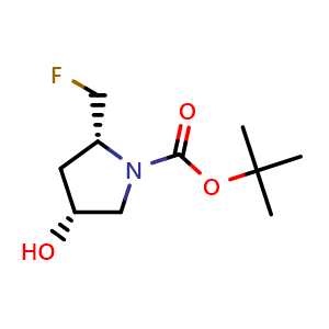 Chemical structure of (2R,4R)-tert-butyl 2-(fluoromethyl)-4-hydroxypyrrolidine-1-carboxylate , CAS 114676-97-0, AChemBlock O29512