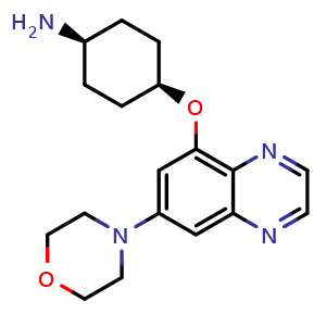 Chemical structure of (1s,4s)-4-(6-morpholinoquinoxalin-8-yloxy)cyclohexanamine , CAS 1628908-34-8, AChemBlock O29562
