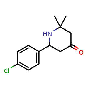 Chemical structure of 6-(4-chlorophenyl)-2,2-dimethylpiperidin-4-one , CAS 2104-81-6, AChemBlock O29569
