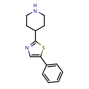 Chemical structure of 4-(5-phenylthiazol-2-yl)piperidine , CAS 885274-68-0, AChemBlock O29593