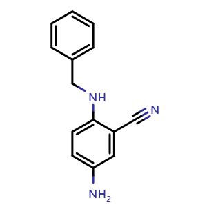 Chemical structure of 5-amino-2-(benzylamino)benzonitrile , CAS 952917-89-4, AChemBlock O29598