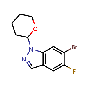 Chemical structure of 6-bromo-5-fluoro-1-(tetrahydro-2H-pyran-2-yl)-1H-indazole , CAS 1286734-76-6, AChemBlock O29622