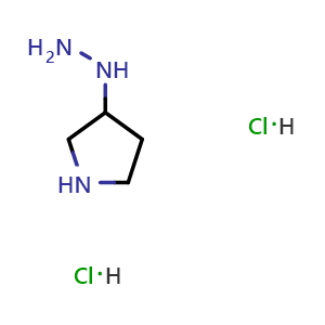 Chemical structure of 1-(pyrrolidin-3-yl)hydrazine dihydrochloride , CAS 1305282-81-8, AChemBlock O29712