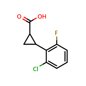 Chemical structure of 2-(2-chloro-6-fluorophenyl)cyclopropanecarboxylic acid , CAS 1157642-59-5, AChemBlock O29776