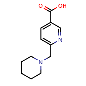 Chemical structure of 6-((piperidin-1-yl)methyl)pyridine-3-carboxylic acid , CAS 1211515-94-4, AChemBlock O29851