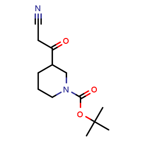 Chemical structure of 3-(2-cyano-acetyl)-piperidine-1-carboxylic acid tertbutyl ester , CAS 842112-53-2, AChemBlock O29879