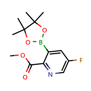Chemical structure of methyl 5-fluoro-3-(4,4,5,5-tetramethyl-1,3,2-dioxaborolan-2-yl)pyridine-2-carboxylate , CAS 2096998-70-6, AChemBlock O29934