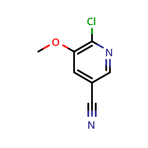 Chemical structure of 6-chloro-5-methoxypyridine-3-carbonitrile , CAS 1256835-79-6, AChemBlock O30237
