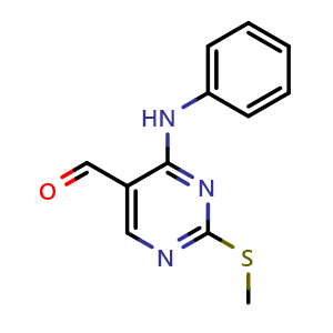 Chemical structure of 2-(Methylthio)-4-(phenylamino)pyrimidine-5-carbaldehyde , CAS 211245-56-6, AChemBlock O30482