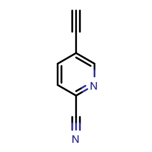 Chemical structure of 5-ethynylpyridine-2-carbonitrile , CAS 1211584-19-8, AChemBlock O30937