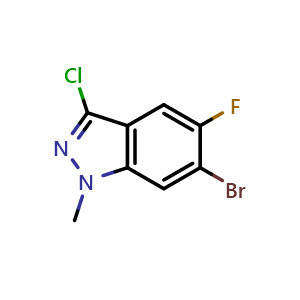 Chemical structure of 6-bromo-3-chloro-5-fluoro-1-methyl-1H-indazole , CAS 1286734-93-7, AChemBlock O31018