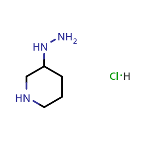 Chemical structure of 1-(piperidin-3-yl)hydrazine hydrochloride , CAS 1314980-49-8, AChemBlock O31292