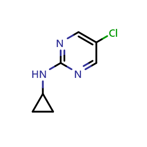 Chemical structure of 5-chloro-N-cyclopropylpyrimidin-2-amine , CAS 1289385-19-8, AChemBlock O31742