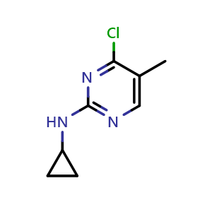 Chemical structure of 4-chloro-N-cyclopropyl-5-methylpyrimidin-2-amine , CAS 1289385-24-5, AChemBlock O31748
