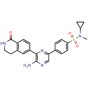 Chemical structure of 4-(5-amino-6-(1-oxo-1,2,3,4-tetrahydroisoquinolin-6-yl)pyrazin-2-yl)-N-cyclopropyl-N-methylbenzenesulfonamide , CAS 1396771-17-7, AChemBlock O31991