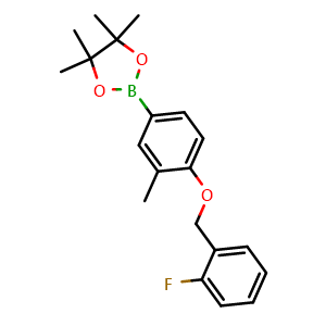 Chemical structure of 2-(4-(2-fluorobenzyloxy)-3-methylphenyl)-4,4,5,5-tetramethyl-1,3,2-dioxaborolane , CAS 2096995-98-9, AChemBlock O32052