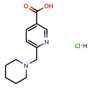 Chemical structure of 6-((piperidin-1-yl)methyl)pyridine-3-carboxylic acid hydrochloride , CAS 1416714-22-1, AChemBlock O32056