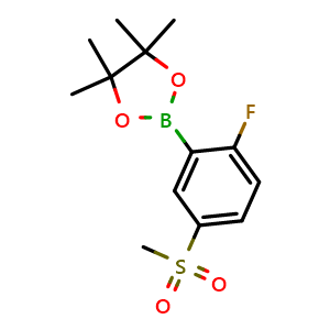 Chemical structure of 2-(2-fluoro-5-(methylsulfonyl)phenyl)-4,4,5,5-tetramethyl-1,3,2-dioxaborolane , CAS 1627596-00-2, AChemBlock O32105