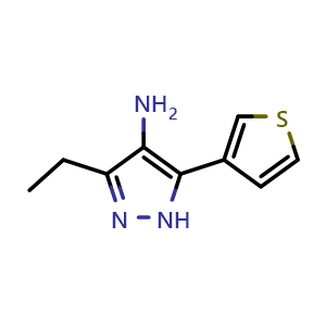 Chemical structure of 3-ethyl-5-(thiophen-3-yl)-1H-pyrazol-4-amine , CAS 1257877-25-0, AChemBlock O32210