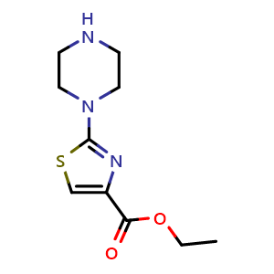 Chemical structure of Ethyl 2-piperazin-1-yl-thiazole-4-carboxylate , CAS 104481-24-5, AChemBlock O32339