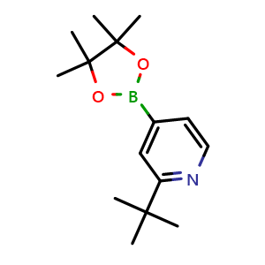 Chemical structure of 2-(tert-Butyl)-4-(4,4,5,5-tetramethyl-1,3,2-dioxaborolan-2-yl)pyridine , CAS 1627722-65-9, AChemBlock O32397