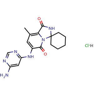 Chemical structure of 6'-((6-Aminopyrimidin-4-yl)amino)-8'-methyl-1'H-spiro[cyclohexane-1,3'-imidazo[1,5-a]pyridine]-1',5'(2'H)-dione hydrochloride , CAS 1849590-02-8, AChemBlock O32467