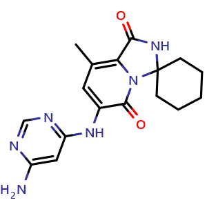 Chemical structure of 6'-((6-Aminopyrimidin-4-yl)amino)-8'-methyl-1'H-spiro[cyclohexane-1,3'-imidazo[1,5-a]pyridine]-1',5'(2'H)-dione , CAS 1849590-01-7, AChemBlock O32468
