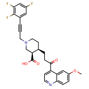 Chemical structure of (3R,4R)-4-[3-(6-Methoxyquinolin-4-yl)-3-oxo-propyl]-1-[3-(2,3,5-trifluoro-phenyl)-prop-2-ynyl]-piperidine-3-carboxylic acid , CAS 668463-35-2, AChemBlock O32469