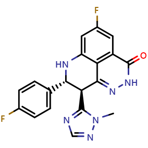 Chemical structure of (8R,9S)-5-Fluoro-8-(4-fluorophenyl)-9-(1-methyl-1H-1,2,4-triazol-5-yl)-8,9-dihydro-2H-pyrido[4,3,2-de]phthalazin-3(7H)-one , CAS 1207456-00-5, AChemBlock O32476