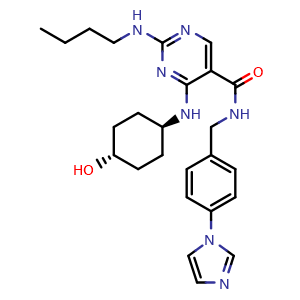 Chemical structure of N-(4-(1H-Imidazol-1-yl)benzyl)-2-(butylamino)-4-(((1r,4r)-4-hydroxycyclohexyl)amino)pyrimidine-5-carboxamide , CAS 1493764-08-1, AChemBlock O32478