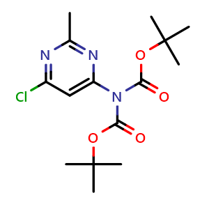 Chemical structure of 2-Mehtyl-6-[bis(tert-butoxycarbonyl)amino]-4-chloropyrimidine , CAS 1350918-95-4, AChemBlock O32539