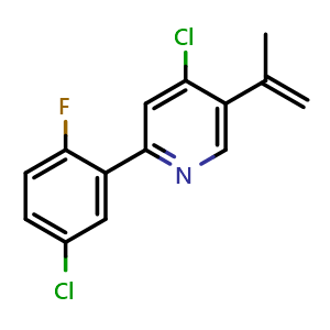 Chemical structure of 4-Chloro-2-(5-chloro-2-fluorophenyl)-5-(prop-1-en-2-yl)pyridine , CAS 1801335-02-3, AChemBlock O32590