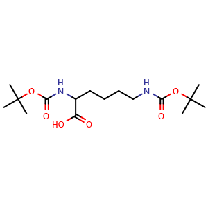 Chemical structure of 2,6-Bis(tert-butoxycarbonylamino)hexanoic acid , CAS 119962-72-0, AChemBlock O32633
