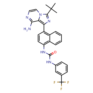 Chemical structure of 1-(4-(8-Amino-3-(tert-butyl)imidazo[1,5-a]pyrazin-1-yl)naphthalen-1-yl)-3-(3-(trifluoromethyl)phenyl)urea , CAS 1589527-65-0, AChemBlock O32749
