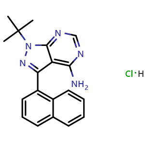 Chemical structure of 1-tert-Butyl-3-(naphthalen-1-yl)-1H-pyrazolo[3,4-d]pyrimidin-4-amine hydrochloride , CAS 956025-47-1, AChemBlock O32751
